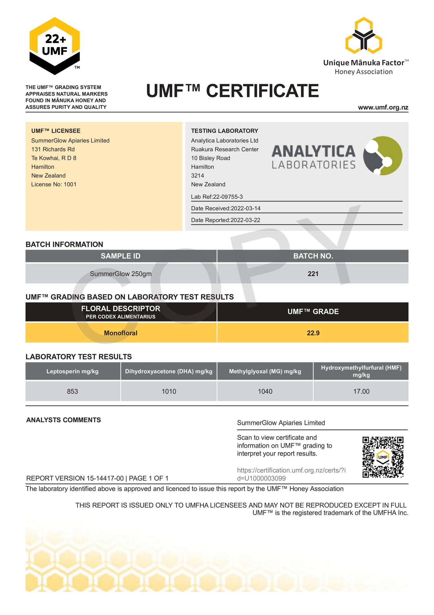 UMF™ 22+ Mānuka Honey 250g (MGO 970mg/kg)