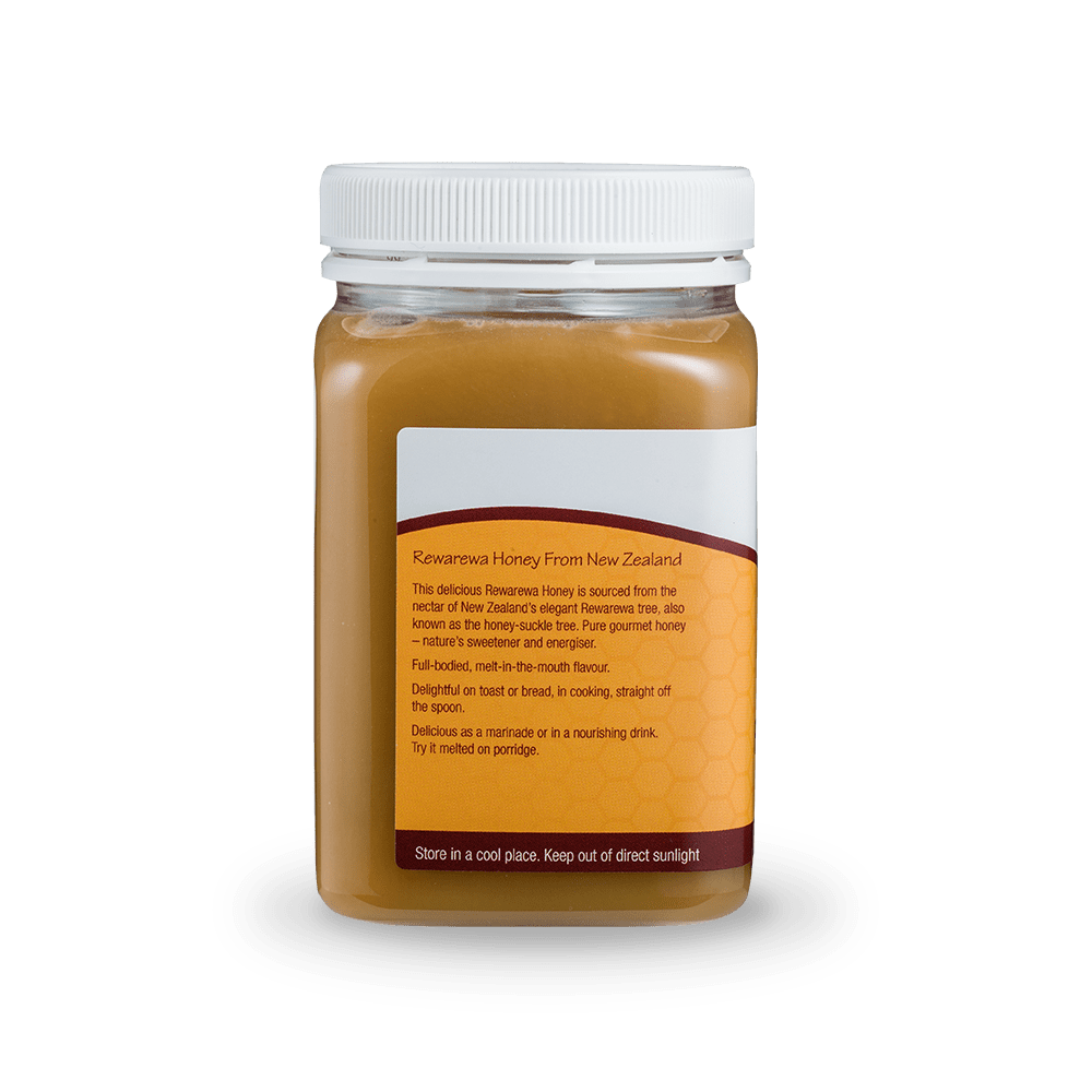 SummerGlow Rewarewa Honey 500g pottle, left view