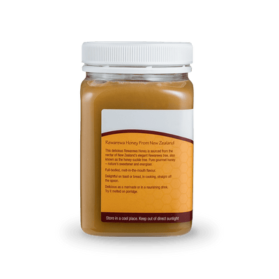 SummerGlow Rewarewa Honey 500g pottle, left view