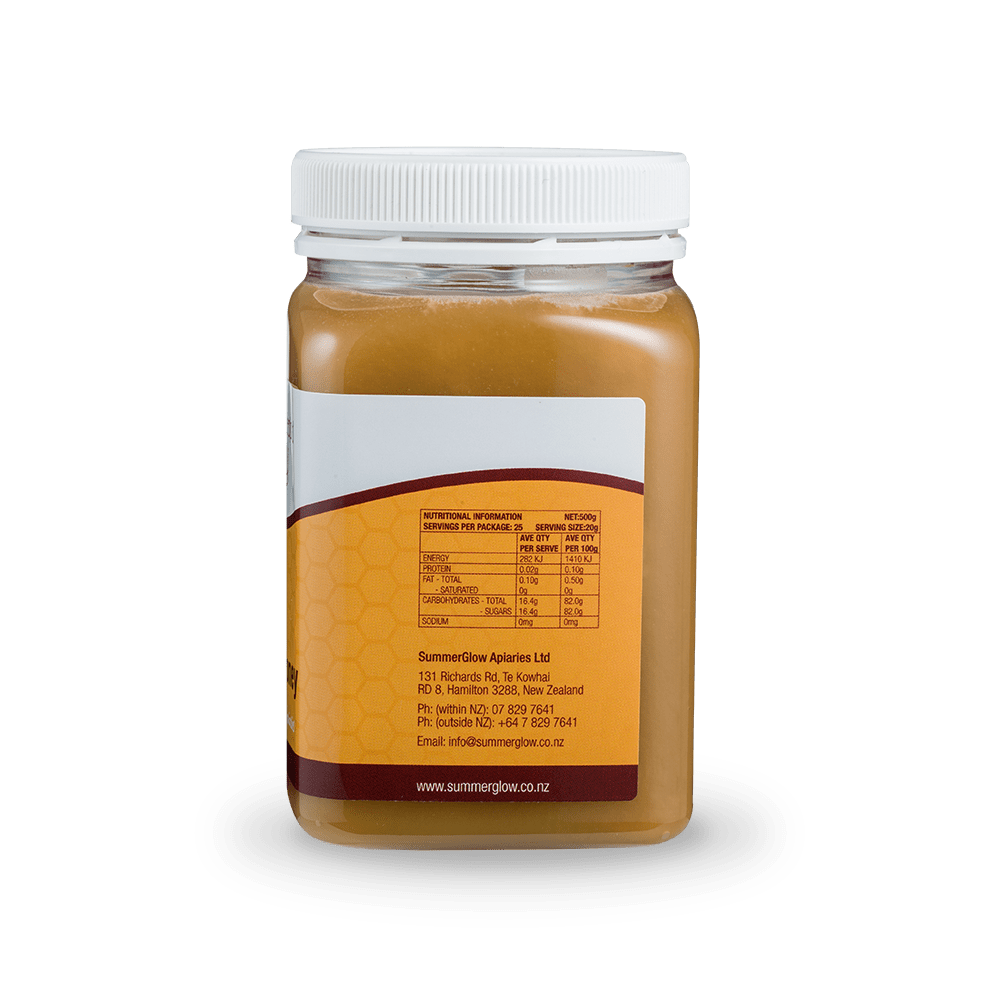 SummerGlow Rewarewa Honey 500g pottle, right view